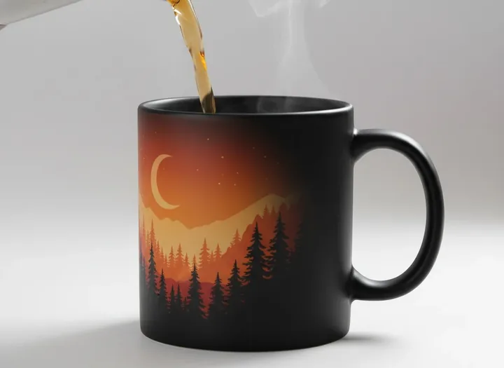 Caneca mágica preta revelando estampa de paisagem