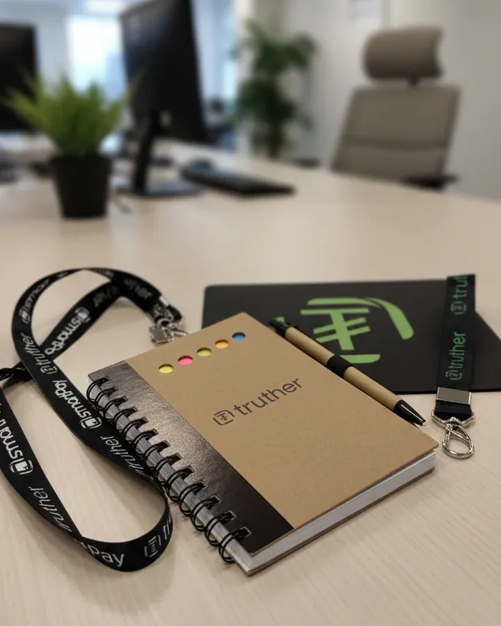 Kit corporativo com cordão, crachá, bloco, caneta, mousepad e chaveiro