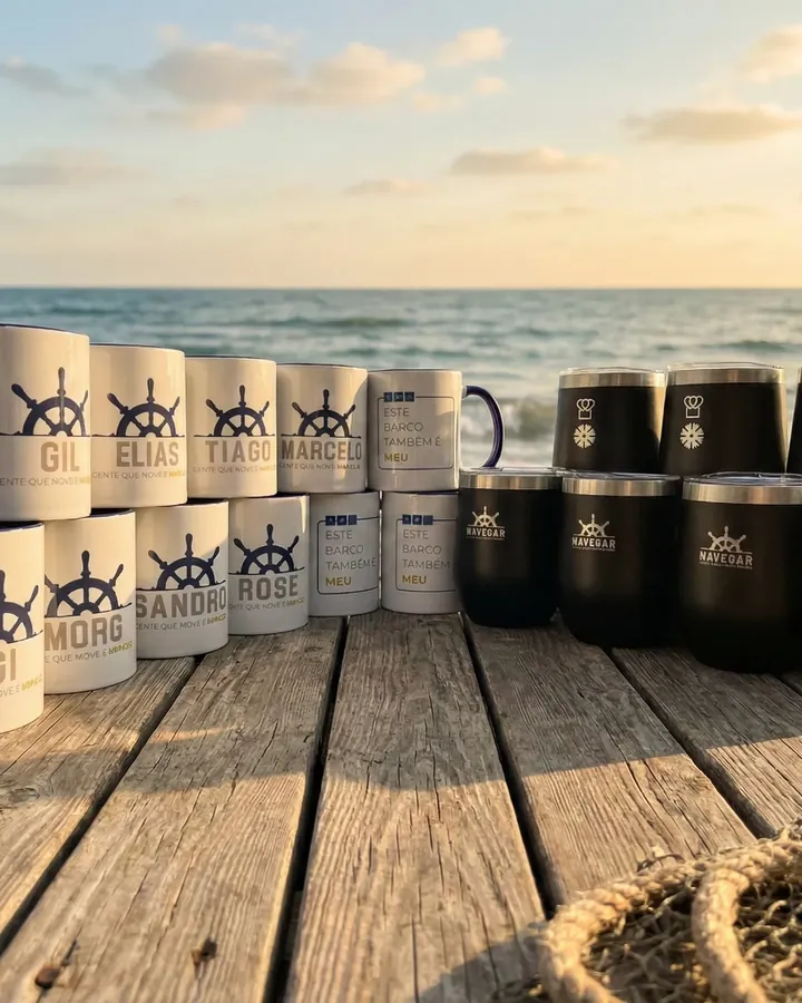 Canecas de porcelana e copos térmicos personalizados com o nome de cada tripulante