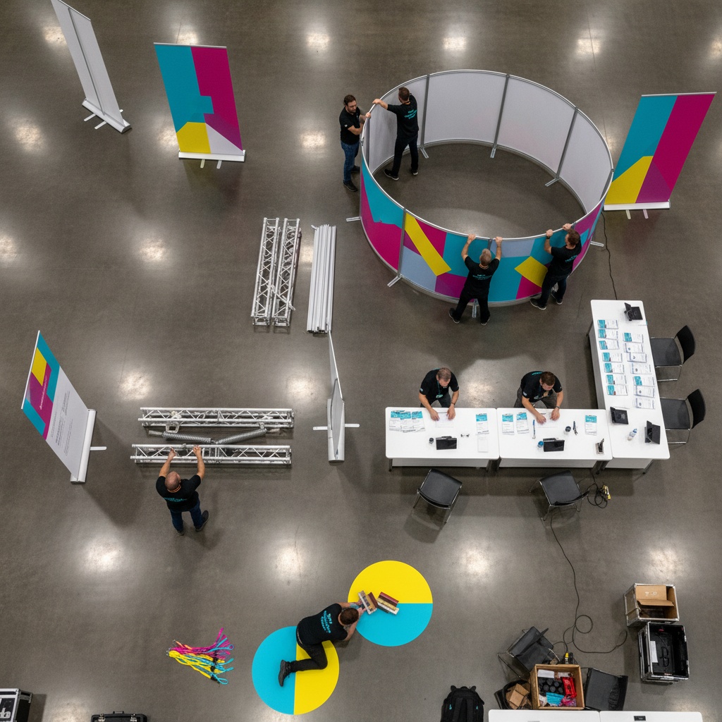 Preparação de evento corporativo com materiais gráficos