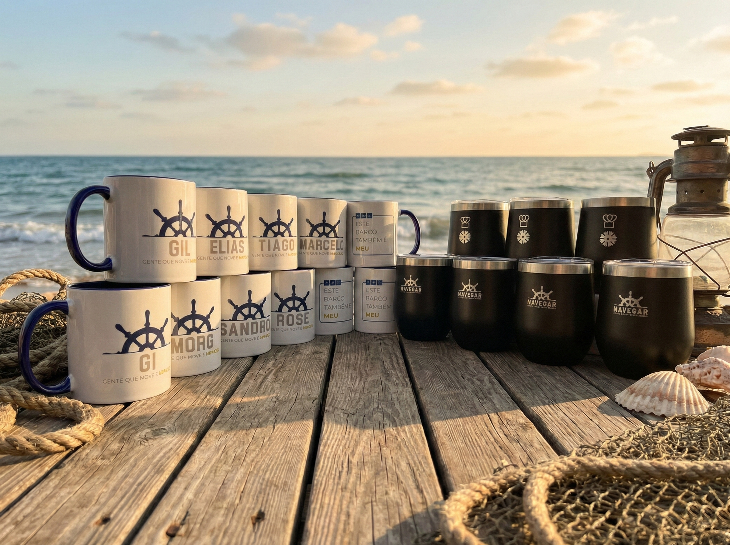 Canecas de porcelana e copos com gravação a laser